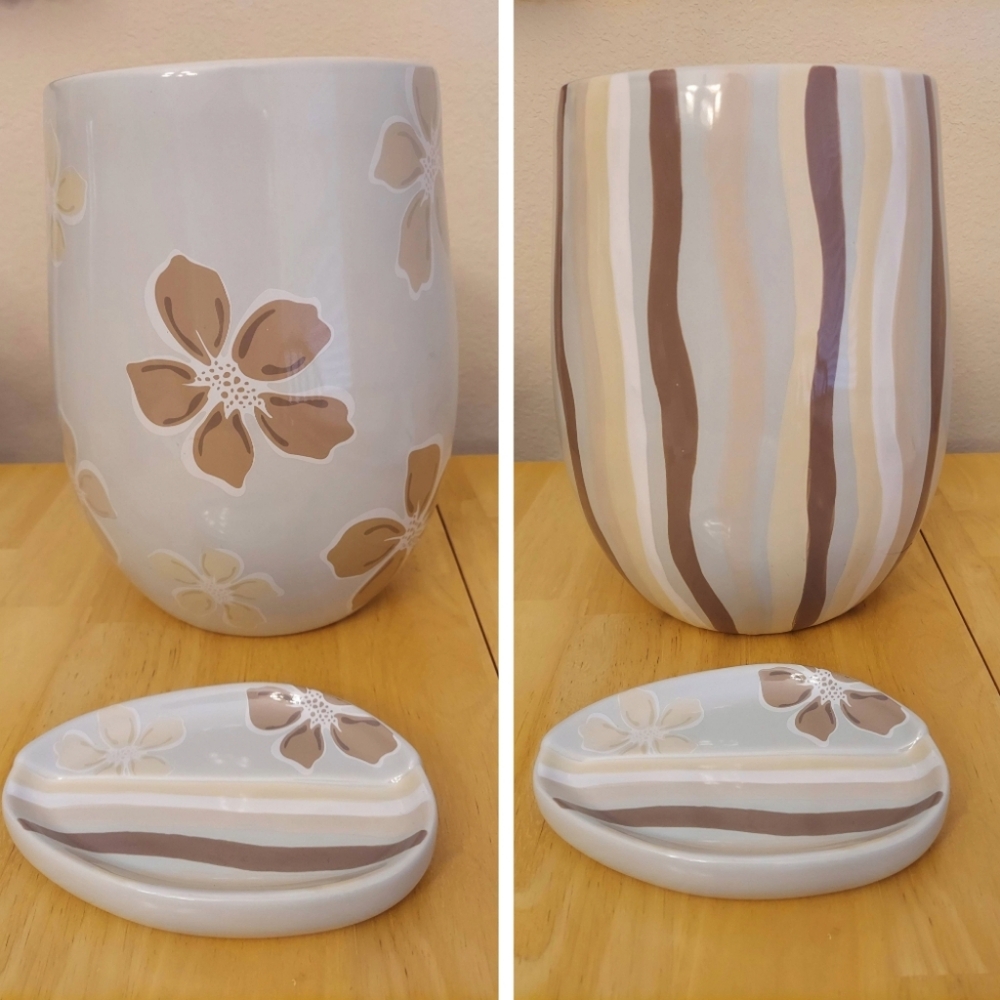 NWT Springs Brand Ceramic Waste Basket & Soap Dish With Tropical Flowers/Stripes